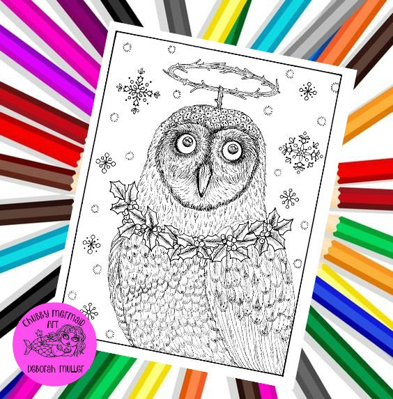 Printable Owl Angel Coloring page. Digital, adult coloring, animals, owls to color. angels to color,