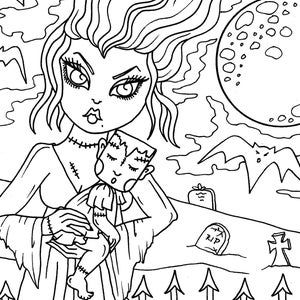 May include: A black and white line drawing of a spooky, stitched-up woman holding a stitched-up doll in a graveyard setting. The woman has long, flowing hair and large eyes. The doll has a stitched-up mouth and eyes. The graveyard is filled with tombstones and crosses. There is a large, full moon in the background.
