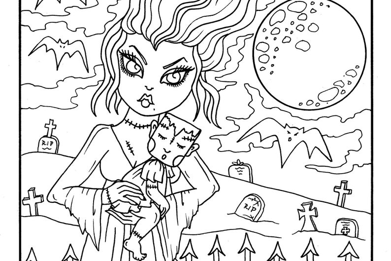 May include: A black and white line drawing of a spooky, stitched-up woman holding a stitched-up doll in a graveyard setting. The woman has long, flowing hair and large eyes. The doll has a stitched-up mouth and eyes. The graveyard is filled with tombstones and crosses. There is a large, full moon in the background.