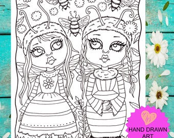 BEE Friends coloring page. Instant download. Hand drawn art.