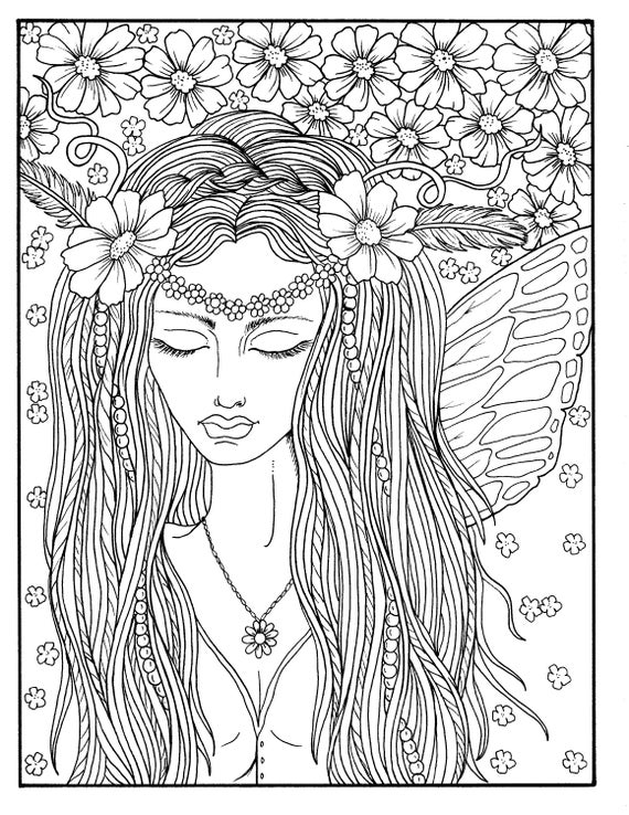 5 Pages Fairies Digital Downloads Instant Coloring Pages, Fairy Hair,  Fairy, Adult Color Book 