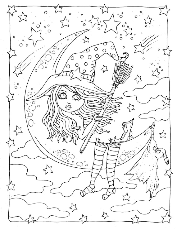 Downloadable Coloring Page Witch and Cats Halloween Fun Coloring Books  Adults/digital/digi/stamps/cat 