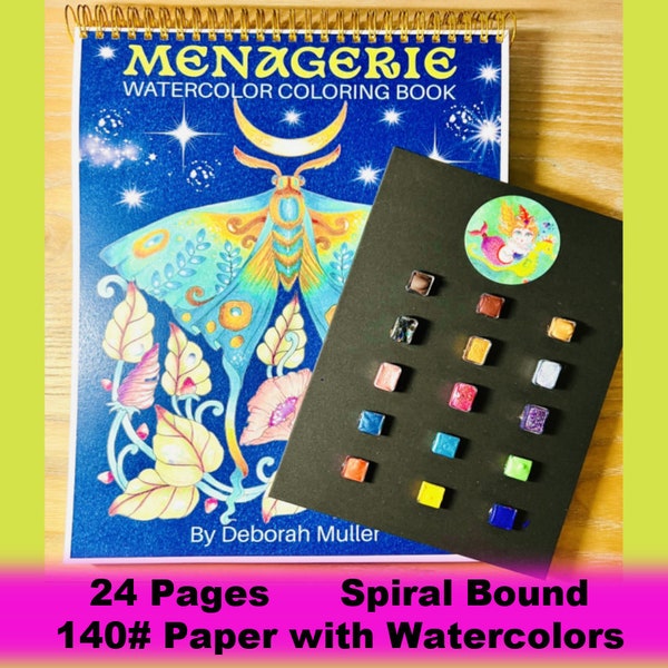 Watercolor Book Menagerie 24 pages, Large 9 x 12, Top Bound, 140# Watercolor Paper suitable for any medium. Plus a set of Watercolors.