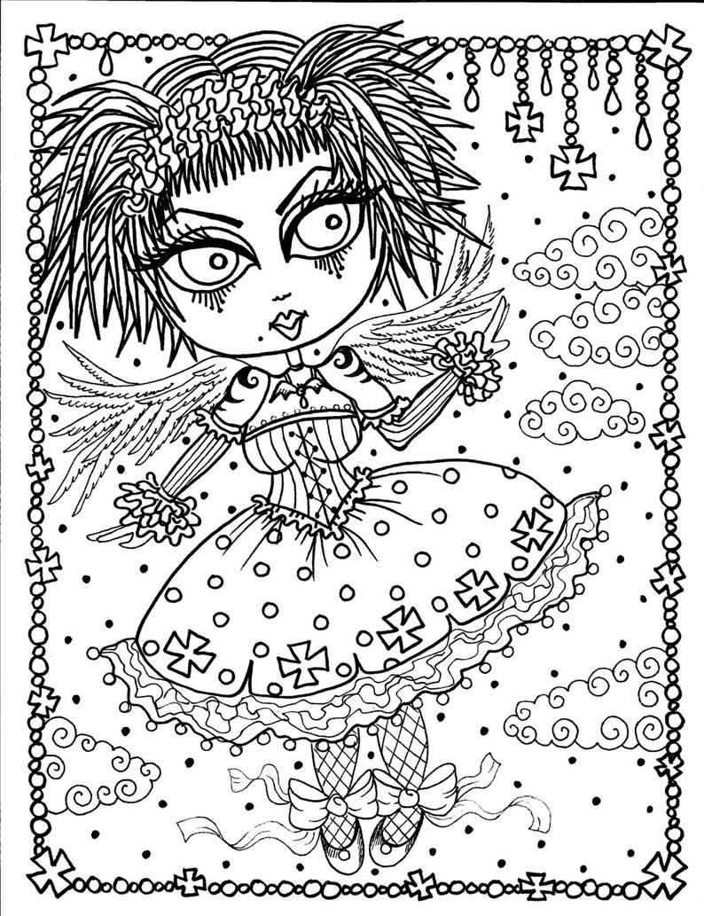 5 pages Instant Download 5 Coloring pages Gothic Angels Color book Art Digital/digi stamp/goth/digital coloring image 2