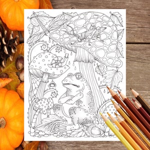 Fall frog and friends coloring page, pdf, digital, fun fall coloring. Frog, dragonfly, snail, leaves and mushrooms to color.