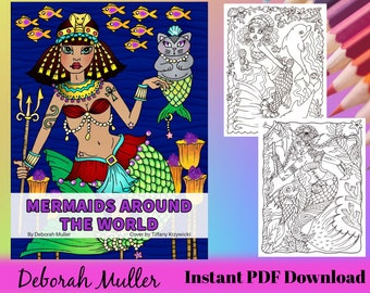 MERMAIDS around the World Coloring Book. Instant download coloring book PDF. World tour of places, countries and mermaids.