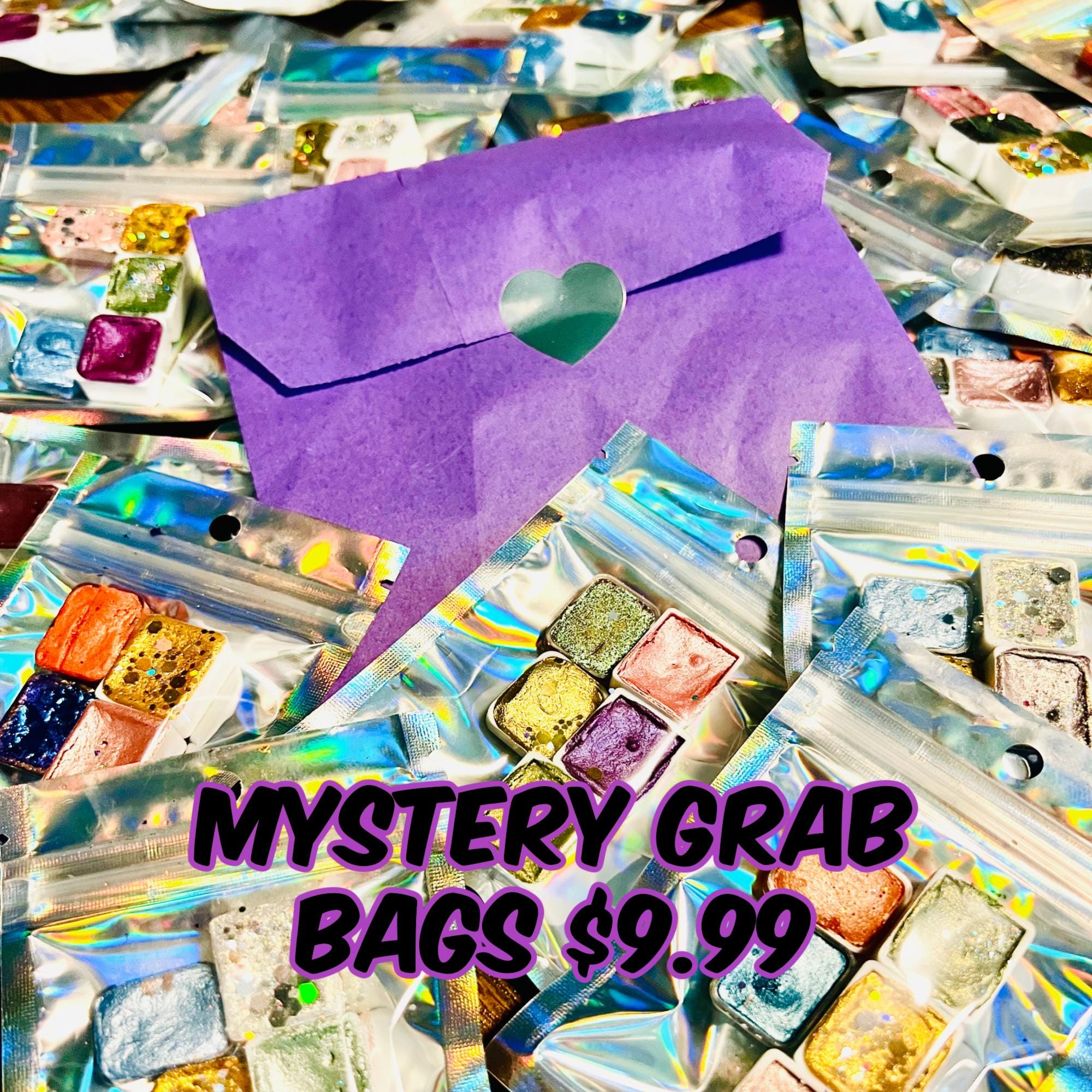 MYSTERY GRAB BAG Watercolor paintS. 5 pans of various handmade colors in a cute little bag. Sparkle and shine! A fun surprise!