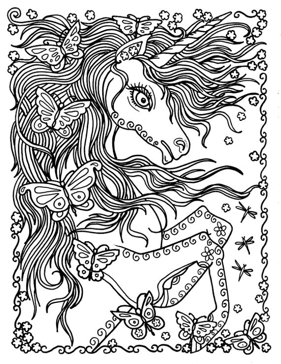 Unicorn and Butterflies Instant Download Fantasy Coloring | Etsy