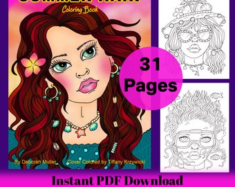 SUMMER HAIR pdf Coloring book. Fun and whimsical coloring. Hand drawn. 31 unique Summer portraits to color.