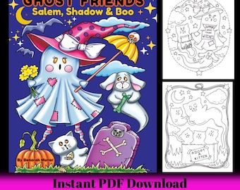 Ghost Friends PDF Coloring Book. A fun ghost adventure with Salem, Shadow and Boo. Hand-drawn art.  NO AI