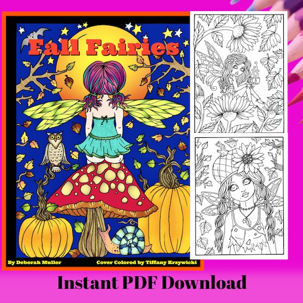 Fall Fairies Digital coloring book. Pumpkins, pumpkin spice, sunflowers, leaves, owls and more!