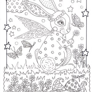 BUNNY LOVE 10 digital coloring pages, downloads, digi stamps, color pages, Easter coloring, fun coloring, spring coloring. image 3