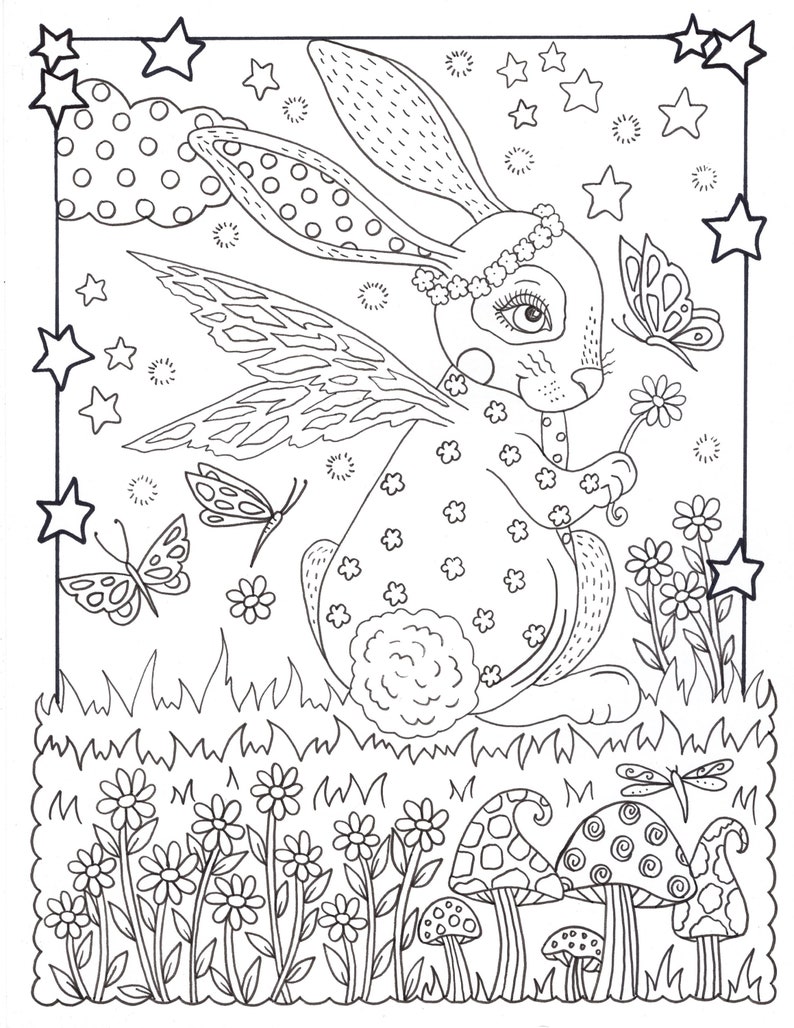 BUNNY LOVE 10 digital coloring pages, downloads, digi stamps, color pages, Easter coloring, fun coloring, spring coloring. image 3