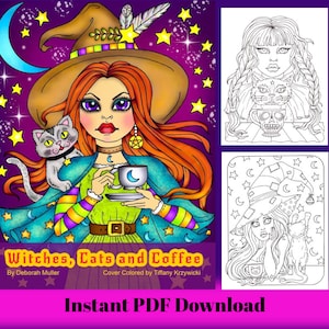 Witches, Cats & Coffee PDF Coloring book. Fun coloring. Hand drawn. Halloween.