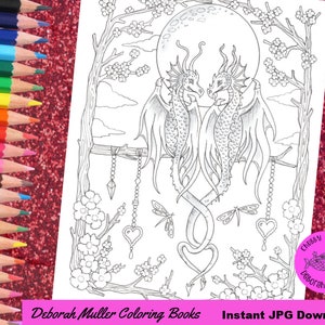 Dragon Love Valentine Coloring page, JPG, instant download. Coloring fun.
