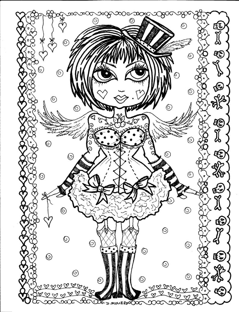 5 pages Instant Download 5 Coloring pages Gothic Angels Color book Art Digital/digi stamp/goth/digital coloring image 3