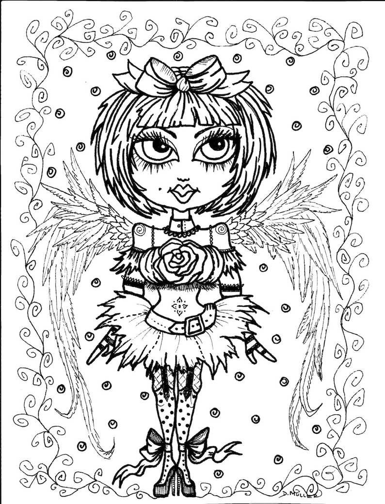 5 pages Instant Download 5 Coloring pages Gothic Angels Color book Art Digital/digi stamp/goth/digital coloring image 1