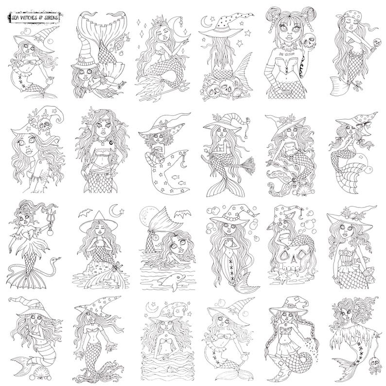 MERMAID WHIMSY pdf Coloring Book. Beautiful, all original art drawn by hand. Fun, whimsical, crazy mermaids to color. 38 pages. image 3