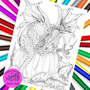 Fall Dragon and pumpkin PDF Digital coloring page. Fun fall coloring. Print, color and enjoy!