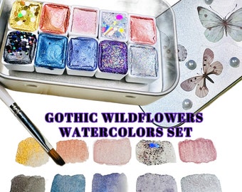 GOTHIC WILDFLOWERS pan set of Mica Watercolor paints.  Handmade watercolors with a cute case. Professional watercolors with an artsy flare.
