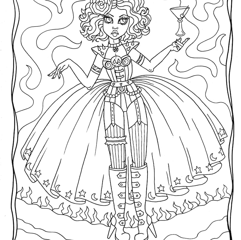 May include: A black and white line drawing of a woman in a gothic style dress and boots. She is holding a glass of wine and has a skull on her chest. The background is a swirling pattern of flames and stars.