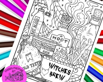 Witchy Brew Coloring Page PDF. Halloween Coloring. Fun coloring pages to download and color.