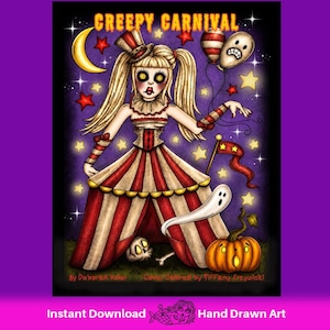 以下が含まれることがあります： 「CREEPY CARNIVAL」と題されたデジタルイラスト。赤と白のストライプのドレスを着てシルクハットをかぶり、風船を持った金髪のキャラクターが描かれています。背景には三日月、星、幽霊、カボチャ、頭蓋骨が配置されています。