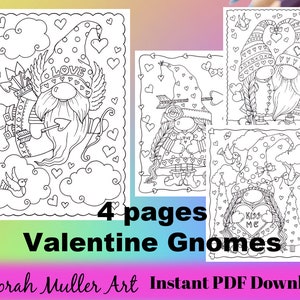 May include: Four black and white coloring pages featuring Valentine's Day gnomes. The gnomes are wearing hats and holding hearts. The text "4 pages Valentine Gnomes" is at the bottom of the image.