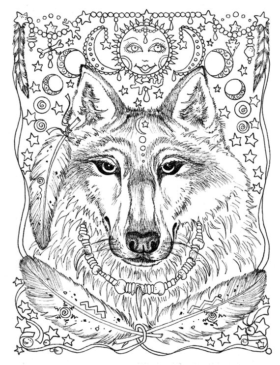 5 Pages Instant Download Animal Spirits to Color Wolf Raven Crow