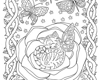 Instant Download Coloring page Kitten in Rose from the Fantasy Cats Coloring Book/adult coloring/cat/animal/digital pages