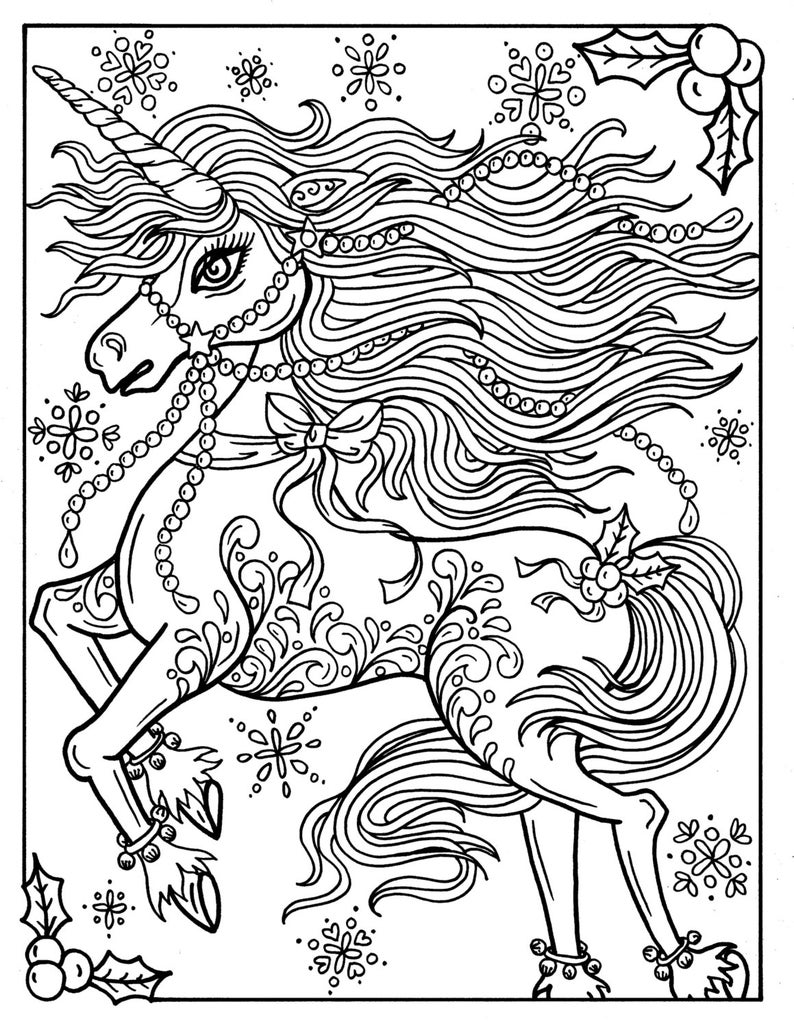 Christmas Unicorn Adult Coloring page Coloring book Holidays Fantasy Art image 1