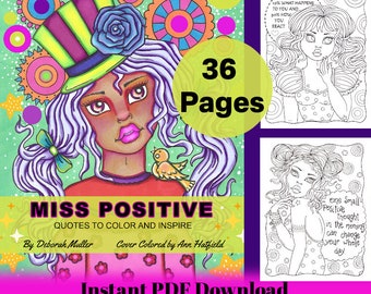 Miss Positive PDF Coloring book. Fun, Inspiring and whimsical coloring. Hand drawn.