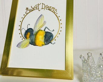 Original Watercolor, Sweet Dreams Bee Framed Art. 5 x7 picture, Signed, NOT a print. Bee art, gold leaf art.