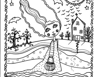 5 pages Instant Download Halloween Coloring pages 5 different designs to Color/digital/digi/stamp/fall/witch