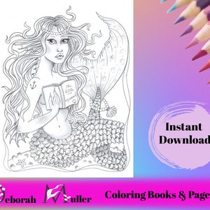 Mermaid who loves reading about herself, Grayscale coloring page. Instant download JPG. Digital art, mermaid art. Adult coloring page.