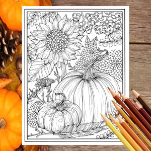 Fall flowers and pumpkins digital coloring page Thanksgiving, mums, sunflower, autumn, digi stamp