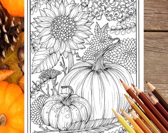 Fall flowers and pumpkins digital coloring page Thanksgiving, mums, sunflower, autumn, digi stamp