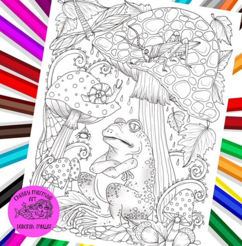 Fall frog and friends coloring page, pdf, digital, fun fall coloring. Frog, dragonfly, snail, leaves and mushrooms to color. 