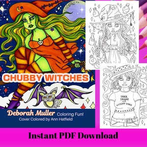 CHUBBY WITCHES Instant download Coloring Book. Deborah Muller Artist, adult coloring book for all ages. Halloween Coloring Pdf.