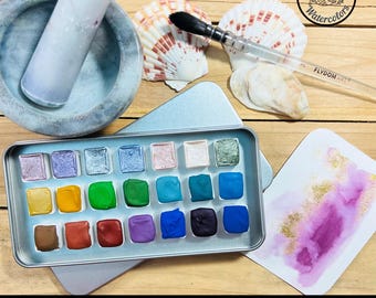 SHIMMERS and NATURALS Combo Deluxe Set of 21 half pans, removable. Handmade, professional watercolors made by an artist.
