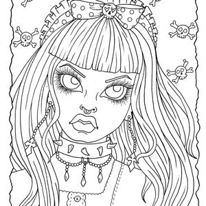 May include: Black and white line art illustration of a girl with a punk rock style. She has a nose ring, a studded collar, and a bow with a skull on top. The background is filled with skulls and bones.
