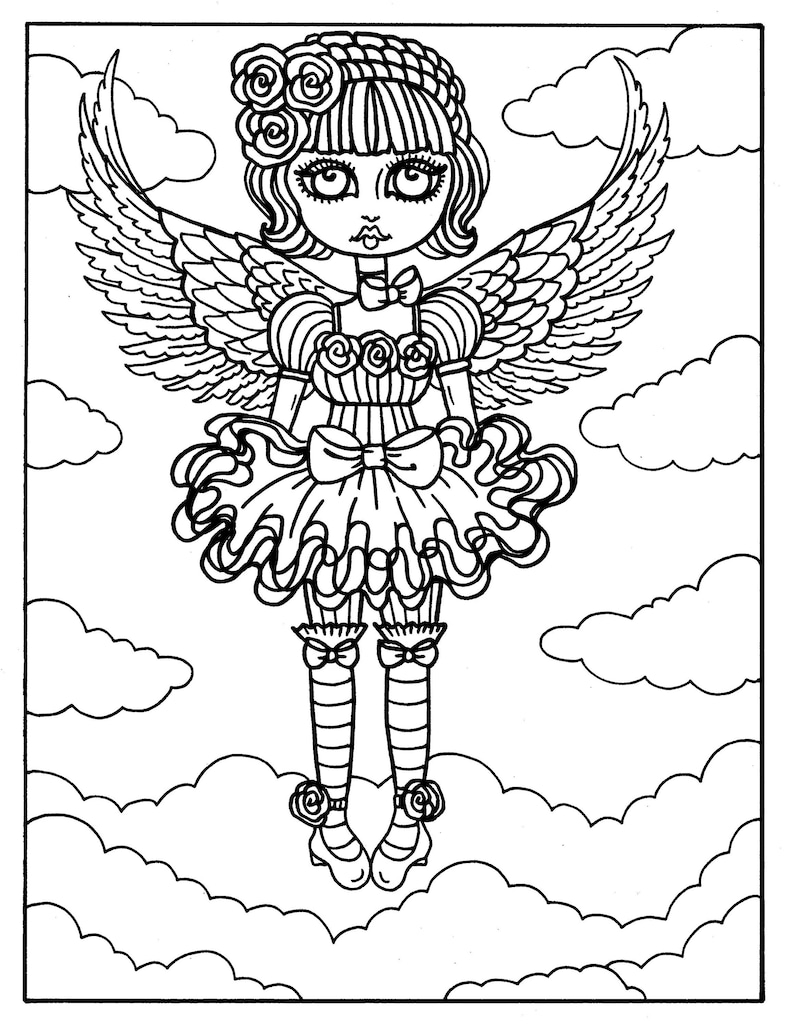 5 Pages Gothic Angels Digital Downloads Coloring Pages, Gothic, Angel, digi stamps, digi stamping, cardmaking, crafting, clip art image 2