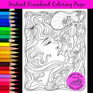 Frog and Mermaid coloring page. JPG, digital coloring. Adult coloring page.