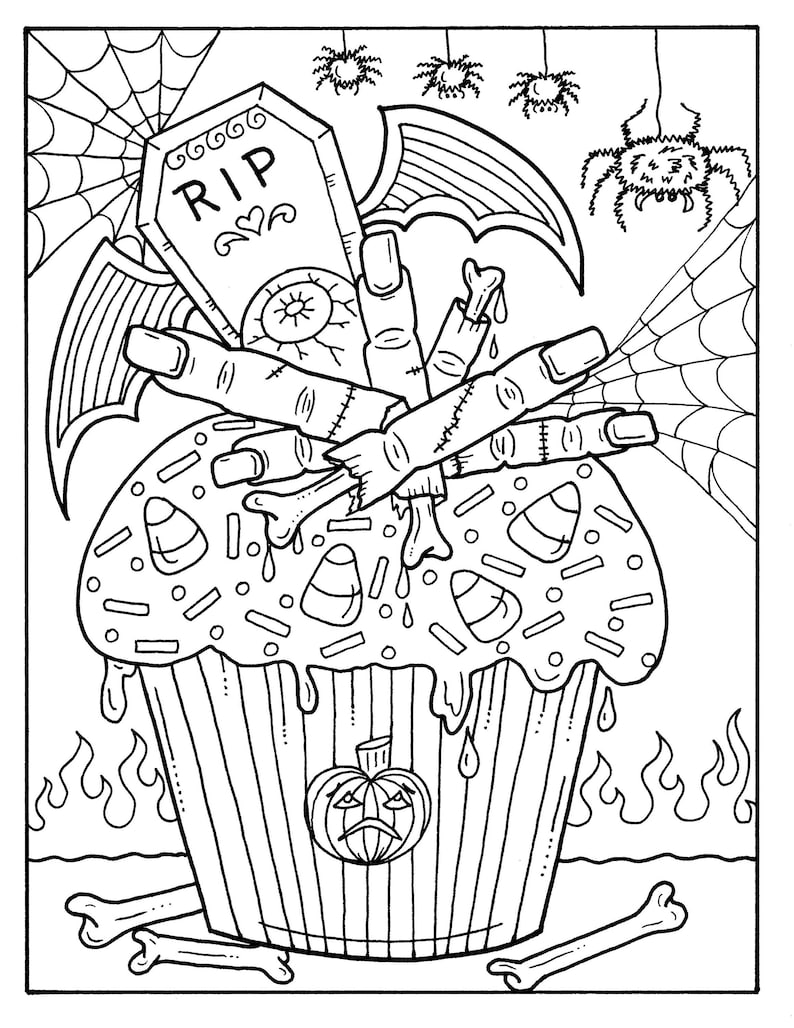 5 Pages Halloween Cupcakes to Color Instant Download, digital art, digi stamp, adult coloring, color pages, spooky, witch, coloring book image 3