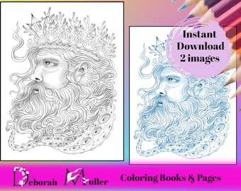 King of the sea grayscale coloring pages. 2 images, instant download. Digital art, mermaid art. Adult coloring page.
