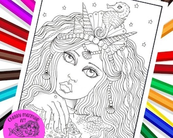 Mermaid Hair Girl Digital coloring page, adult coloring, Fantasy coloring and art, coloring books, mermaid coloring pages