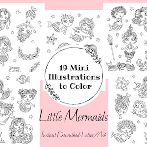 Mini Pages to color. 19 tiny mermaid images, 5 pages, Coloring Set. Coloring fun for all ages. Instant Download.