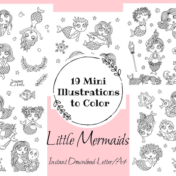 Mini Pages to color. 19 tiny mermaid images, 5 pages, Coloring Set. Coloring fun for all ages. Instant Download.