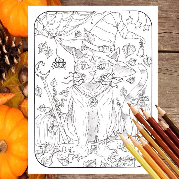 Bewitched Kitty Coloring page. Digital, PDF, Instant download. Halloween fun. Witch Cat