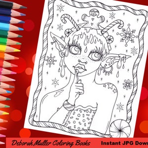 Candy Elf Coloring Page. Instant download, print and color. Christmas coloring fun. Fantasy art to color.